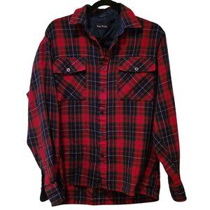 Distressed Vintage Royal Knight Plaid Flannel Button-Up Shirt, Men's Medium